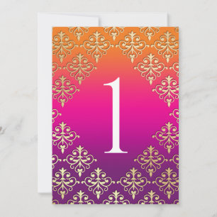 Indian Wedding Table Number Card Purple Orange