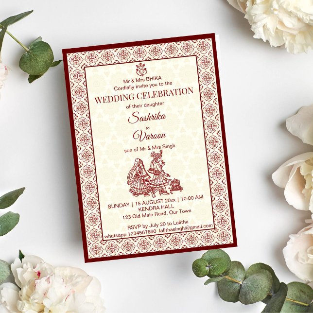 Indian wedding traditional maroon mandala pattern invitation (Indian wedding traditional maroon wedding template invitation instant download Hindu bridal couple)
