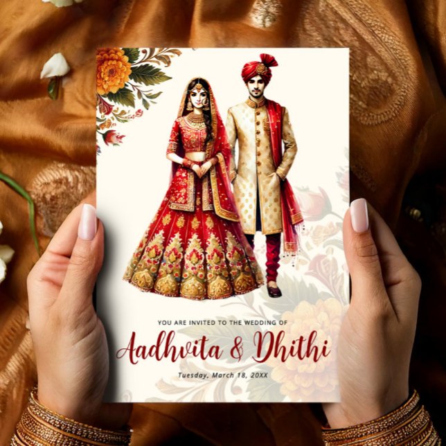 Indian Wedding with Traditional Bride & Groom Invitation (Indian Wedding with Traditional Bride & Groom Invitation, Hindu Wedding Card)