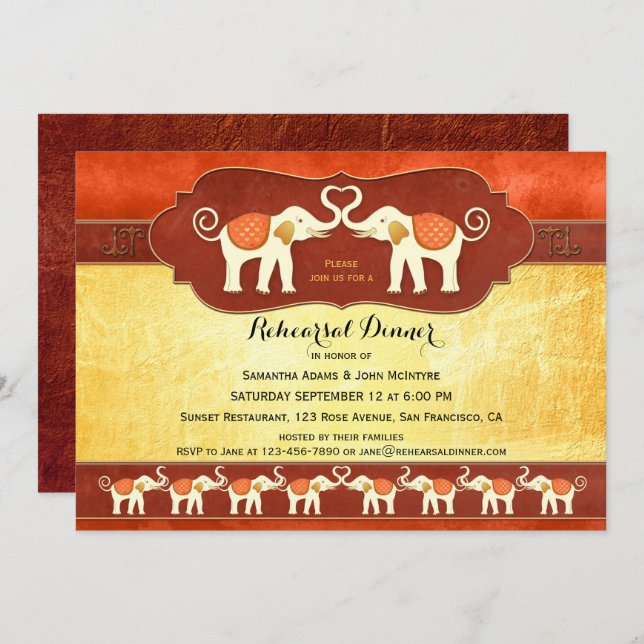 Indian White Elephants Rehearsal Dinner Invitation (Front/Back)