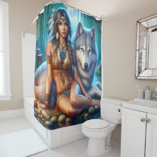 Indian woman and wolf by riverbank