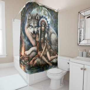 Indian woman and wolf in the forest