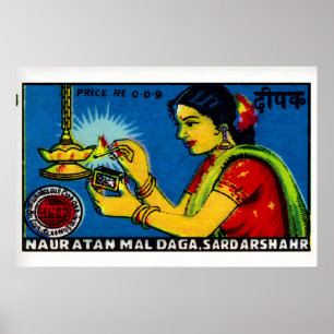 Indian Woman Lighting Lamp - Matchbox Print