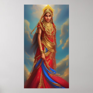 Indian woman red gold dress jewelled  poster