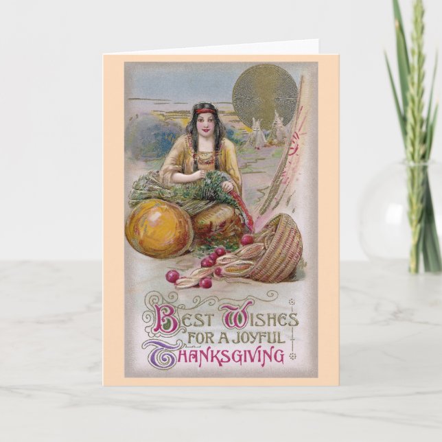 Indian Woman with Turkey Vintage Thanksgiving Holiday Card (Front)