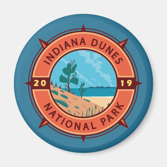 Indiana Dunes National Park Retro Compass Emblem Magnet (Front)