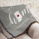 Indiana Home State Personalized Throw Blanket<br><div class="desc">Show some home state pride with this cute rustic grey throw blanket featuring "home" in white calligraphy script lettering with a silhouette map of the state of Indiana standing in for the letter "O." A red heart illustration inside the state map completes the design; you can change the position of...</div>