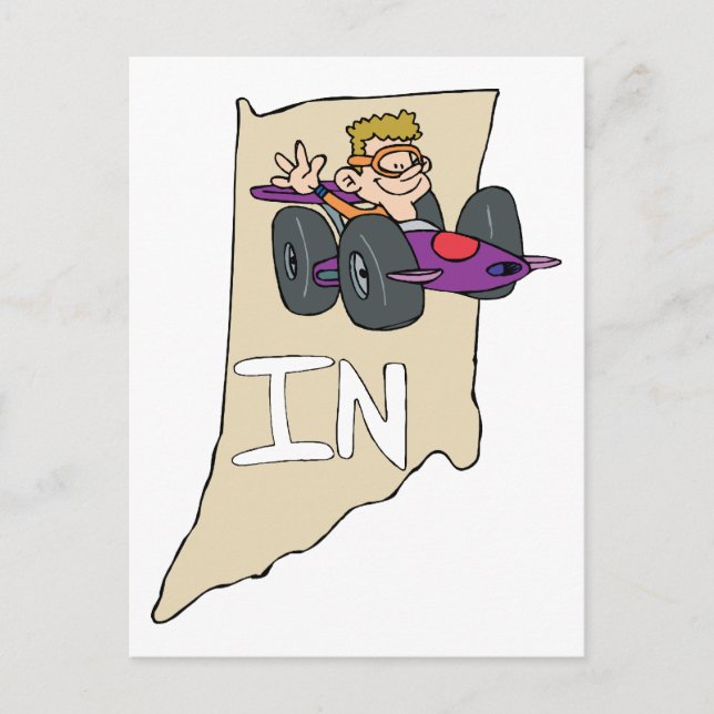Indiana IN Map with funny Indy Race Car Cartoon Postcard (Front)
