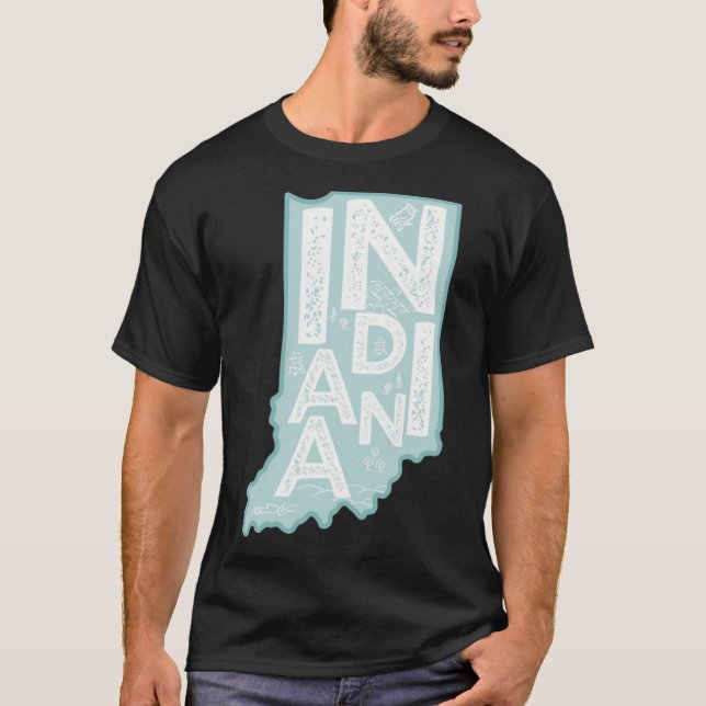 Indiana Map Typography Blue Oversized T-Shirt (Front)