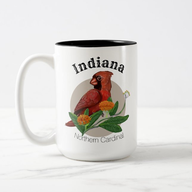 Indiana Northern Cardinals with Native Plants Two-Tone Coffee Mug (Left)