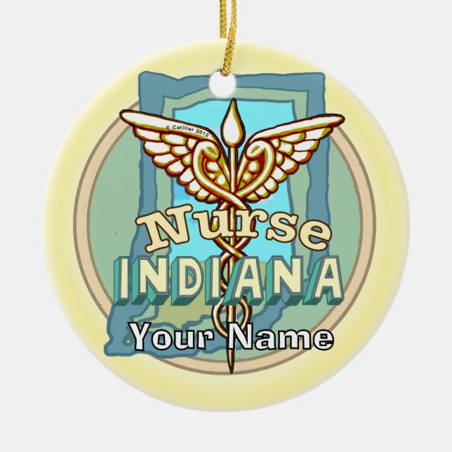 Indiana Nurse Caduceus  Ceramic Ornament (Front)