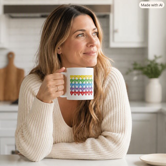 Indiana Rainbow Hearts State Pride Coffee Mug (A mug with a colorful heart design that says Indiana.)