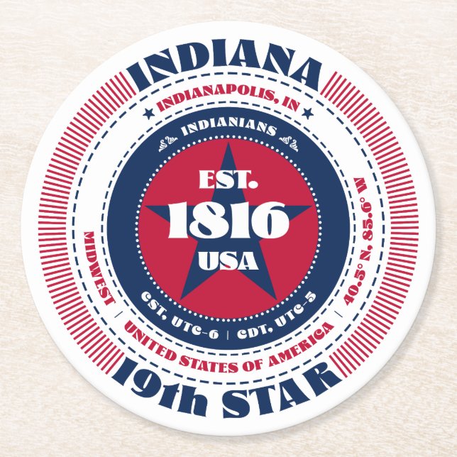 Indiana Red White Blue Typography Round Paper Coaster (Front)