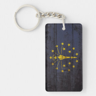Indiana State Flag on Old Wood Grain Keychain