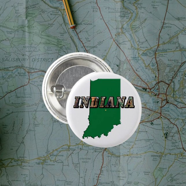 Indiana State Map Green Outline & Photo Text 2 Inch Round Button (Creator Uploaded)