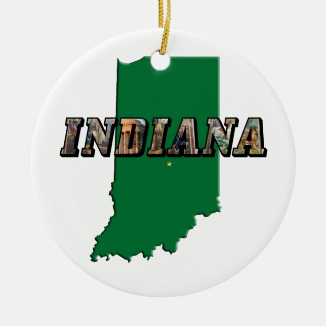 Indiana State Map Green Outline & Photo Text Ceramic Ornament (Front)