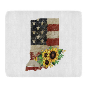 Indiana State Map US Flag Sunflower Glass Cutting Board