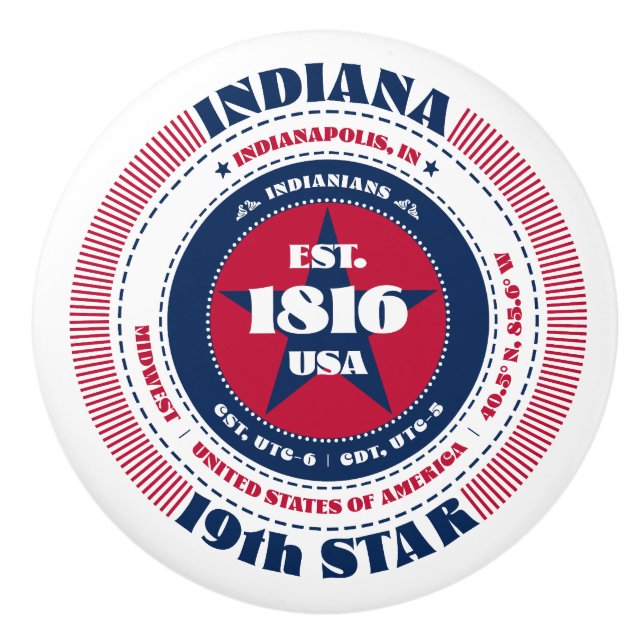 Indiana US State Red White Blue Typography Ceramic Knob (Front)