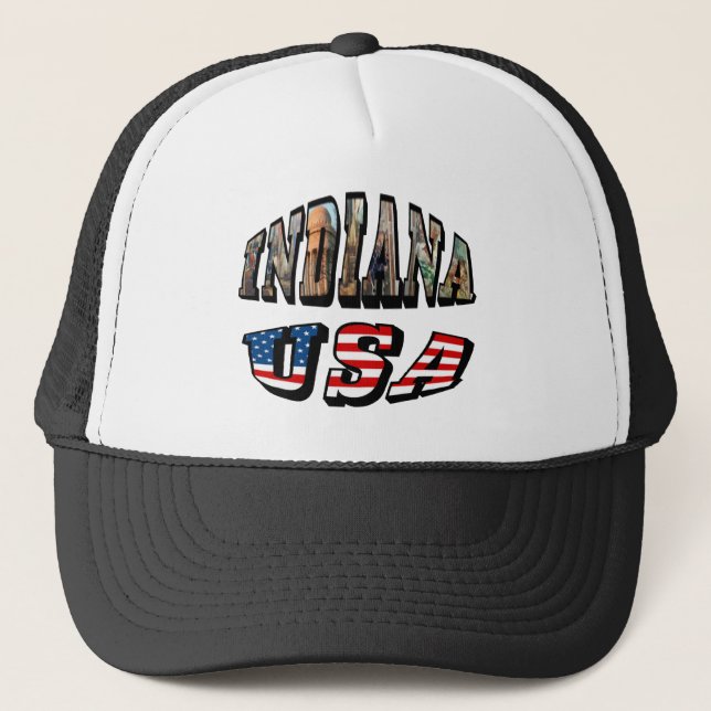 Indiana USA Flag & State Photo Text Trucker Hat (Front)