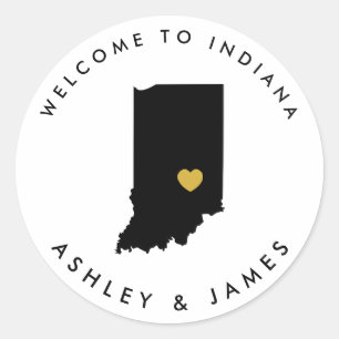 Indiana Wedding Welcome Sticker Tag, Black, Gold