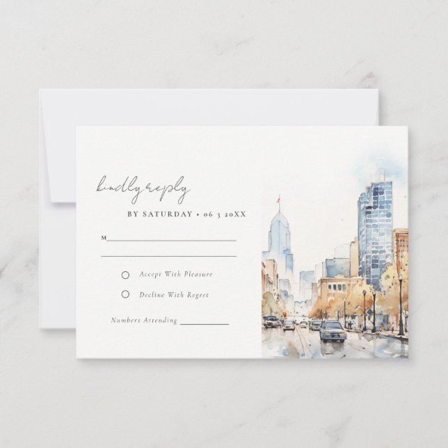 Indianapolis Indiana Landscape Watercolor Wedding RSVP Card (Front)