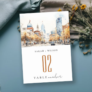 Indianapolis, Indiana Watercolor Landscape Wedding Table Number