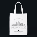 Indianapolis, Indiana Wedding | Stylized Skyline Reusable Grocery Bag<br><div class="desc">A unique wedding bag for a wedding taking place in the beautiful city of Indianapolis,  Indiana.  This bag features a stylized illustration of the city's unique skyline with its name underneath.  This is followed by your wedding day information in a matching open lined style.</div>