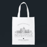 Indianapolis, Indiana Wedding | Stylized Skyline Reusable Grocery Bag<br><div class="desc">A unique wedding bag for a wedding taking place in the beautiful city of Indianapolis,  Indiana.  This bag features a stylized illustration of the city's unique skyline with its name underneath.  This is followed by your wedding day information in a matching open lined style.</div>