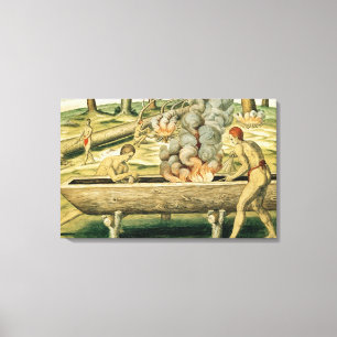 Indians Making a Dugout Canoe Canvas Print