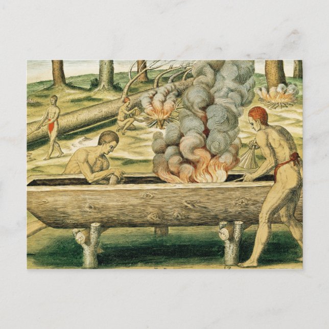 Indians Making a Dugout Canoe Postcard (Front)