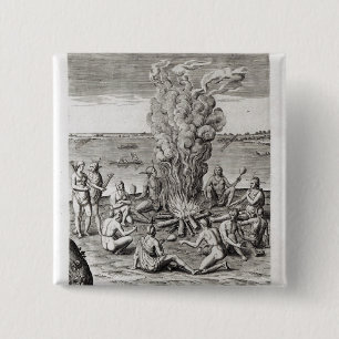 Indians praying around a fire, engraving 2 inch square button
