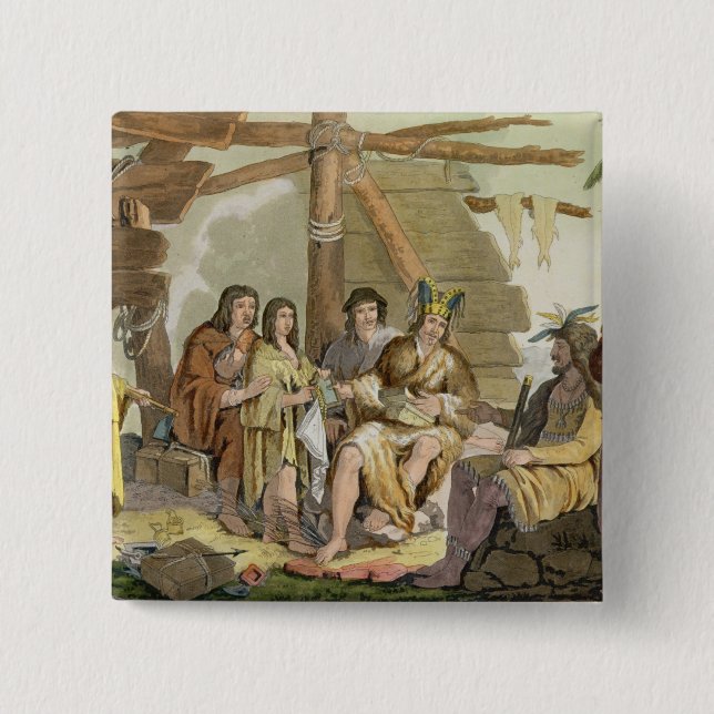 Indians trading with La Perouse in Canada (colour 2 Inch Square Button (Front)
