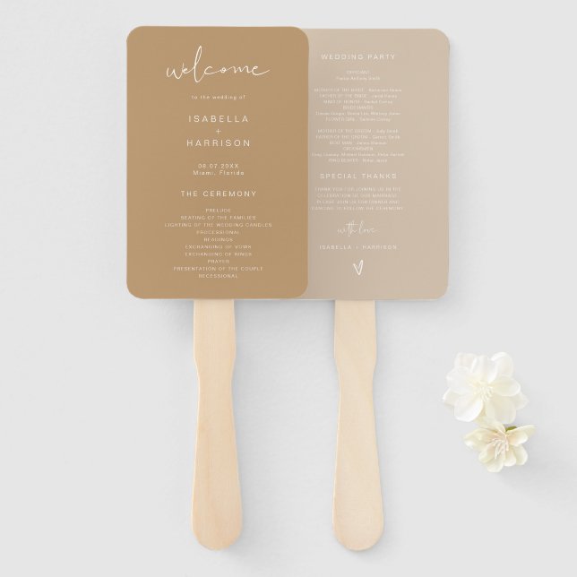INDIE Bohemian Earth Toned Beige Wedding Program Hand Fan (Front and Back)