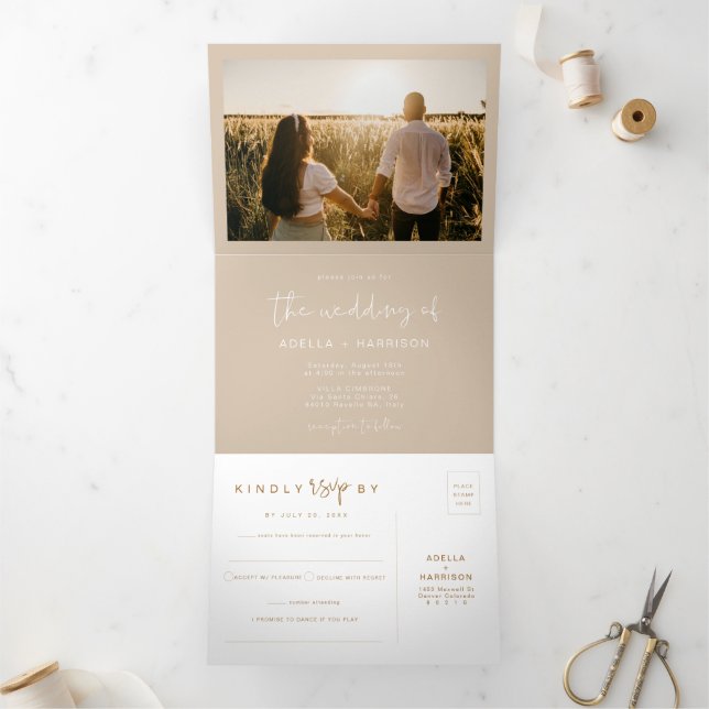 INDIE Boho Creamy Beige Earth Tone Wedding Tri-Fold Invitation (Inside)