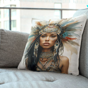Indigenous-Inspired Watercolor Portrait Throw Pillow