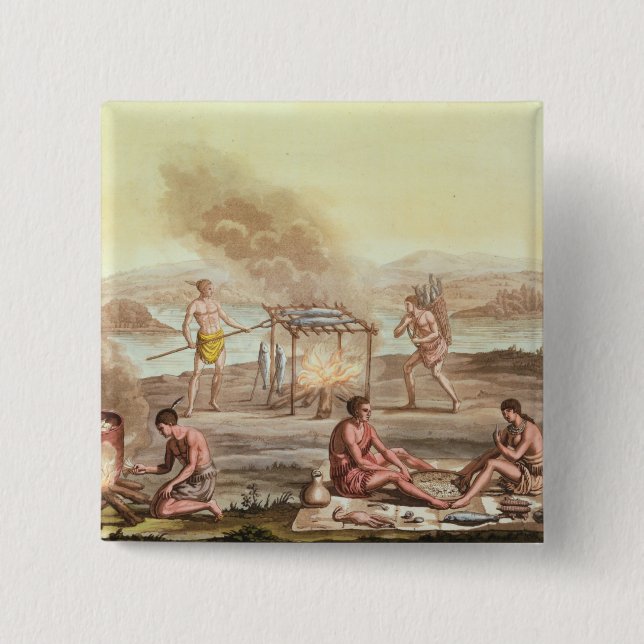 Indigenous natives from Florida preparing and cook 2 Inch Square Button (Front)