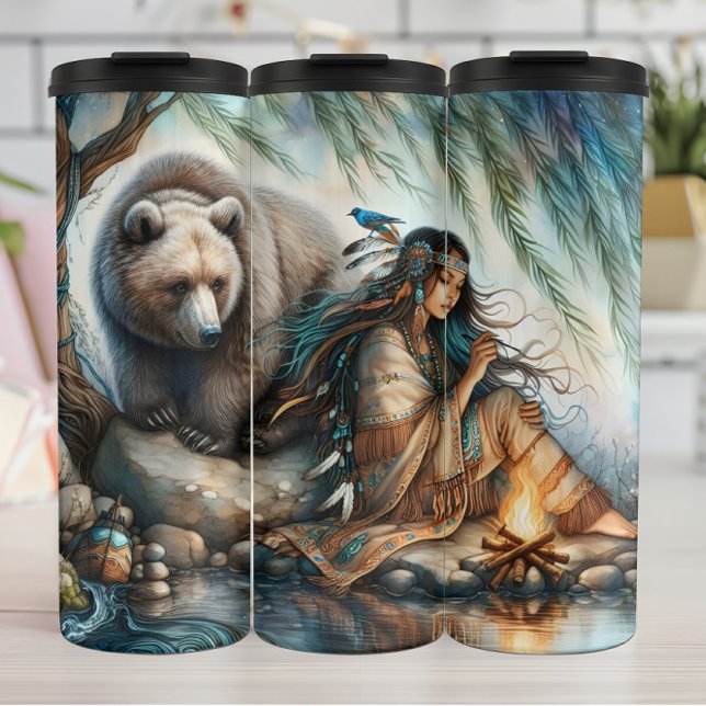 Indigenous Woman, Bear, Fire: Personalize Thermal Tumbler (Creator Uploaded)