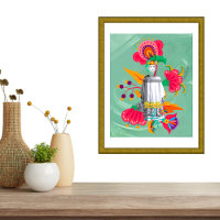Indigenous Woman W/ Colourful Flowers On Soft Gree