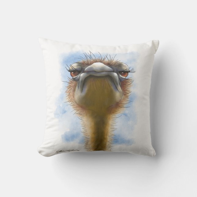 Indignant Ostrich Cartoon Throw Pillow (Front)