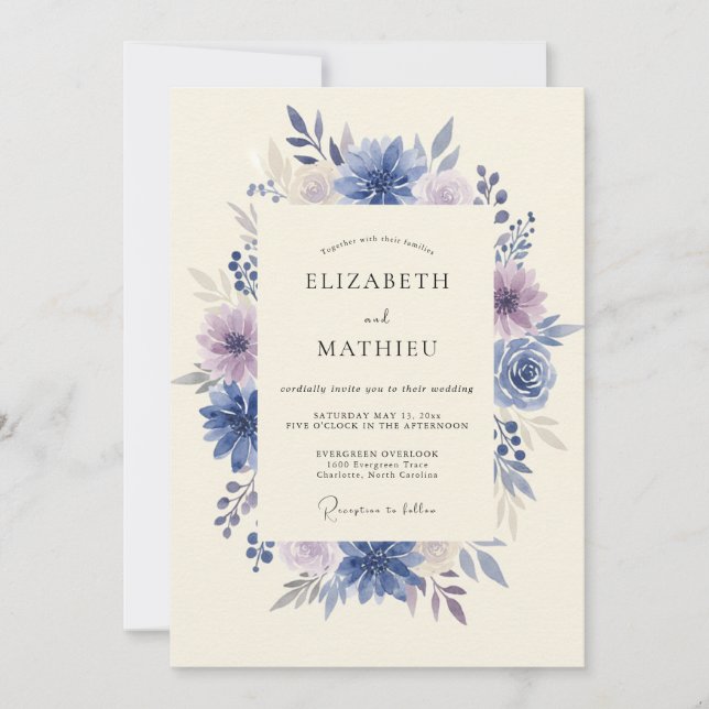 Indigo Amethyst Peony Wedding Invitation (Front)