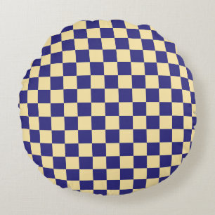 Indigo and butter chequerboard pattern round pillow