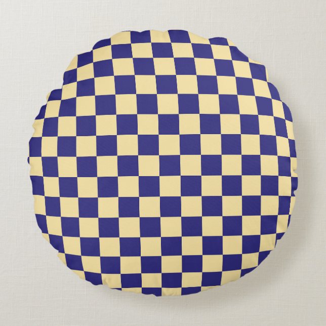 Indigo and butter chequerboard pattern round pillow (Front)