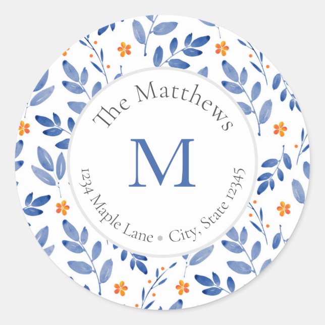 Indigo and Orange Watercolor Botanical labels (Front)