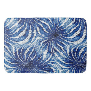 indigo and white abstract tie dye pattern bath mat