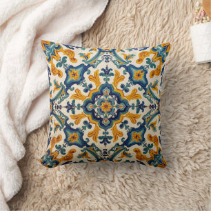 Indigo Azulejo Blue and yellow Portuguese Throw Pillow