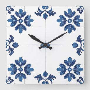 Indigo Azulejo Blue Portuguese Lisbon Decorative Square Wall Clock