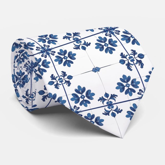 Indigo Azulejo Blue Portuguese Lisbon Decorative Tie (Rolled)