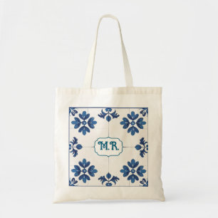 Indigo Azulejo Blue Portuguese Lisbon Monogram Tote Bag