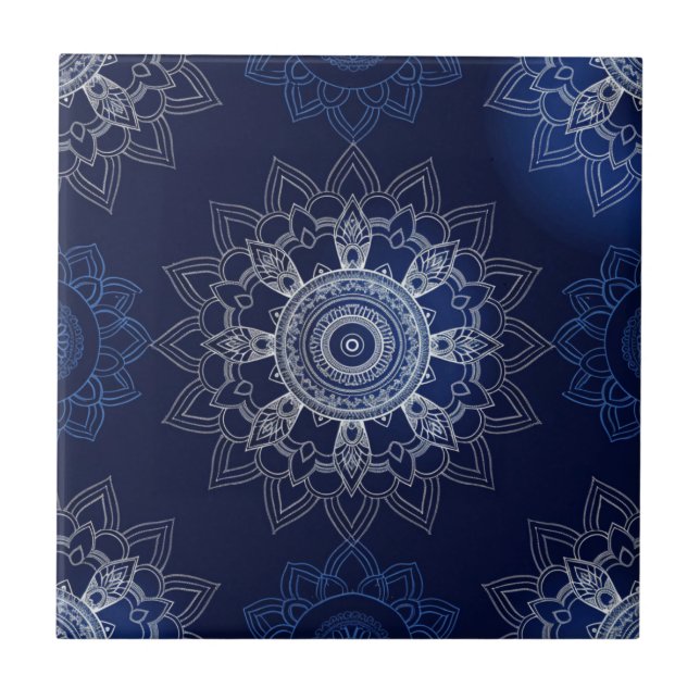 Indigo Azulejo Blue  Portuguese Mandala Decorative Tile (Front)