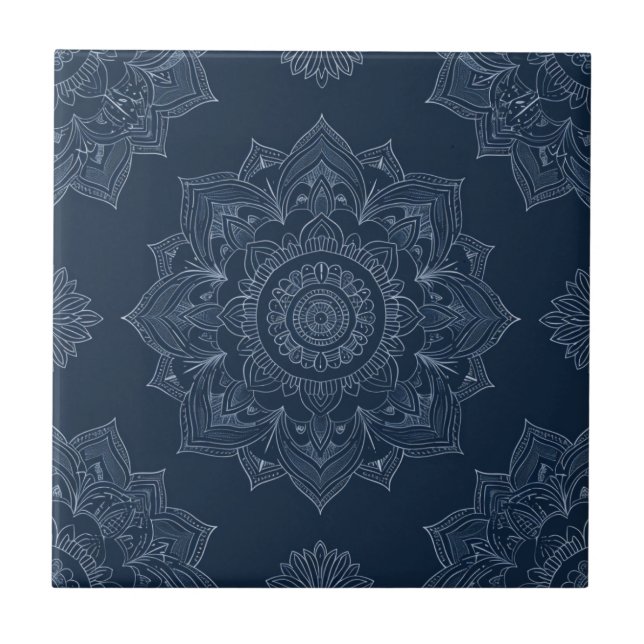 Indigo Azulejo Blue Portuguese Mandala Decorative Tile (Front)